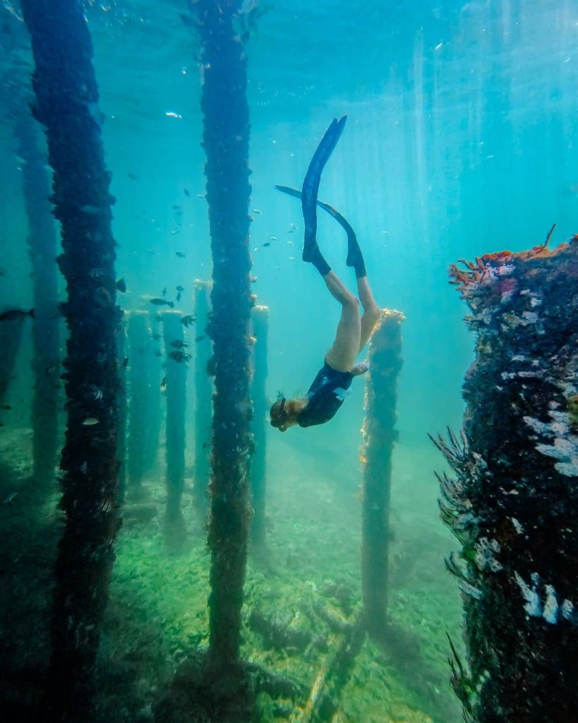 Person snorkeling underwater beneath Busselton Jetty during a Western Australia road trip with long fins diving between tall jetty pylons covered in marine growth and surrounded by small fish. Clear turquoise water and filtered light highlight the structure making this a memorable stop on a Perth to Margaret River road trip.