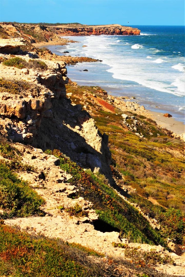 Rugged cliffs and rocky shoreline meet the turquoise sea, showcasing the dramatic coastal scenery of a Yorke Peninsula road trip.