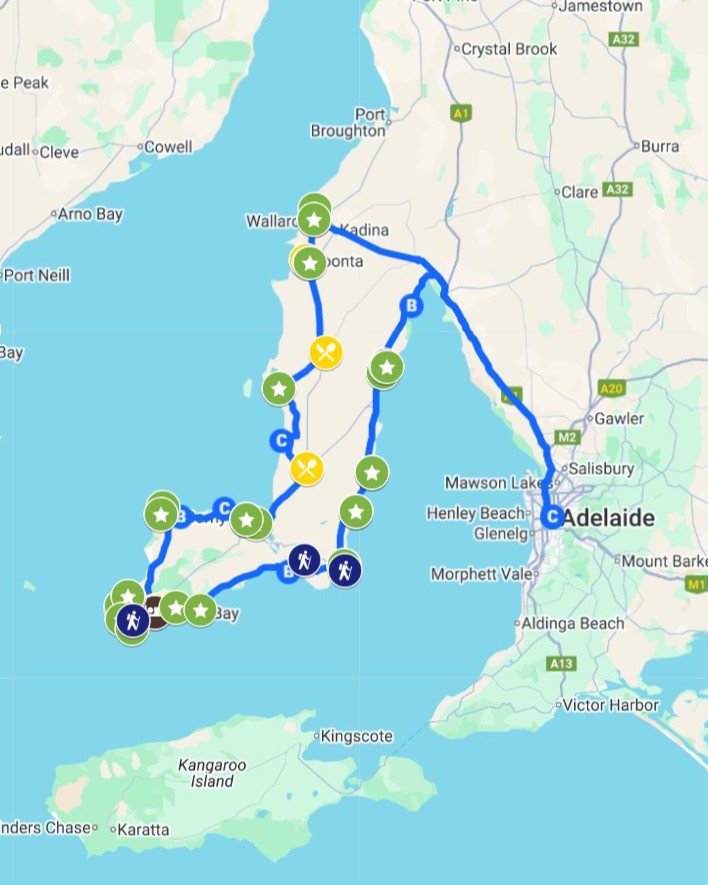 A digital map outlining a Yorke Peninsula road trip route from Adelaide, with icons marking attractions like beaches, hiking trails, and lookouts.