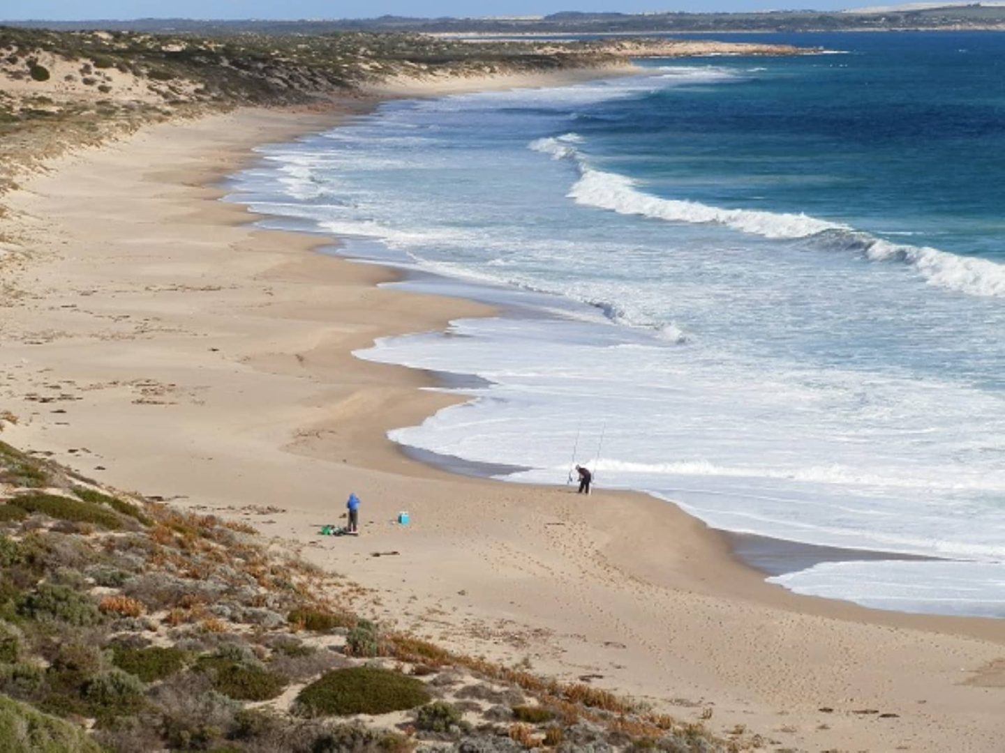 Two people fishing on a long, curved beach with gentle waves and scattered coastal shrubs during a relaxing Yorke Peninsula road trip.