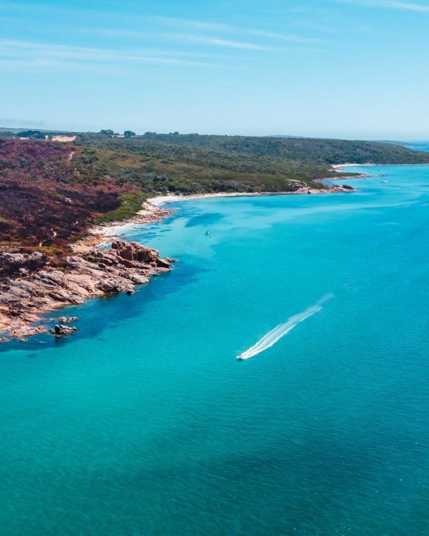 A small boat leaves a white wake across the calm blue waters off a rugged forested coastline in Western Australia, a scenic highlight on a Melbourne to Perth road trip.