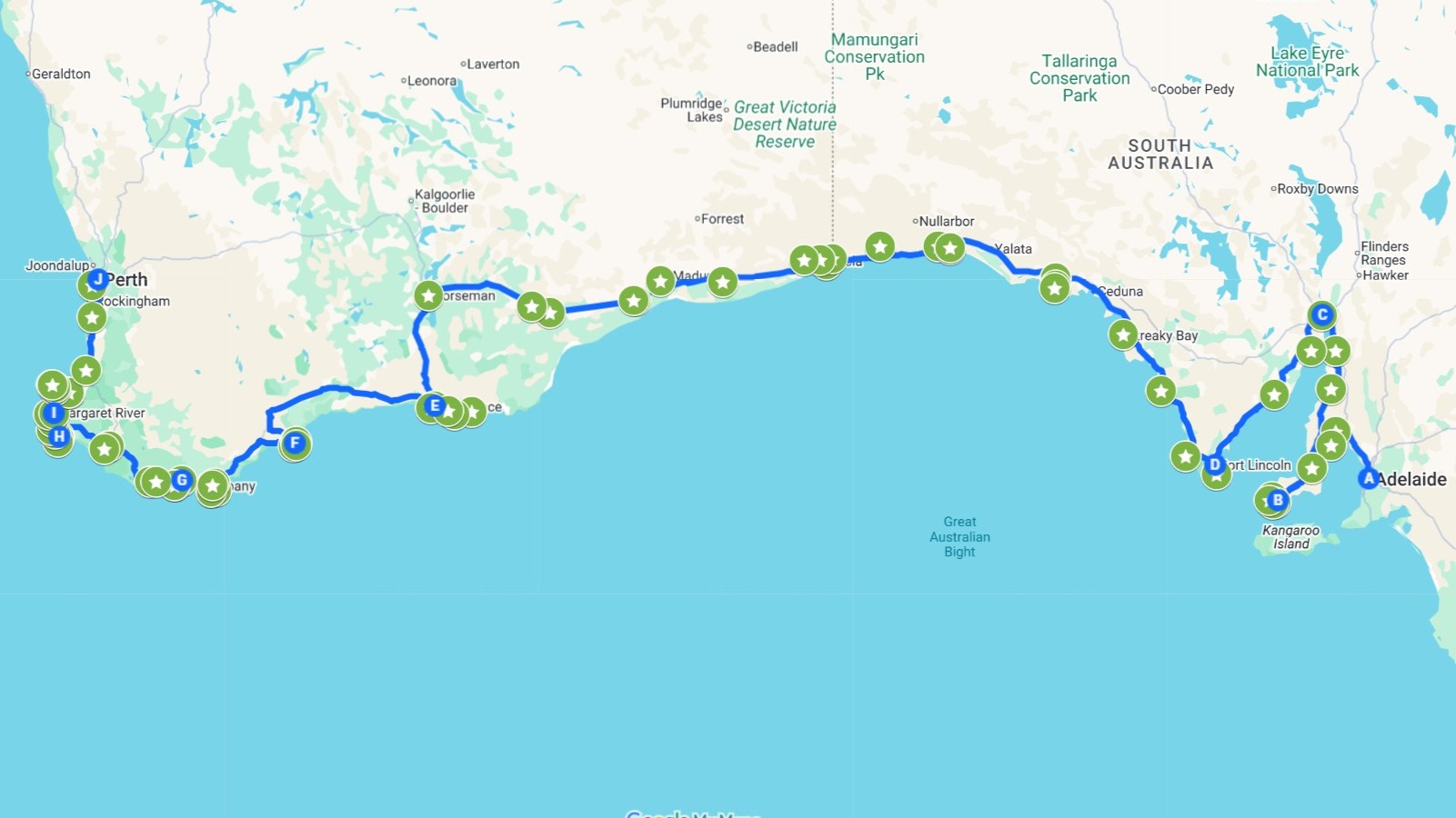 A detailed road trip map showing the route from Adelaide to Perth across southern Australia, highlighting scenic stops through South Australia and Western Australia. The route includes landmarks along the Eyre Peninsula, Nullarbor Plain, and coastal towns like Esperance, Albany, and Margaret River.