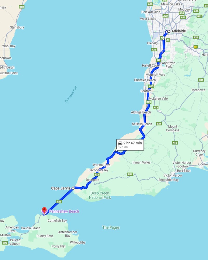 Google Maps route showing drive from Adelaide to Penneshaw Beach via Cape Jervis, a key leg in a kangaroo island 3 day itinerary.