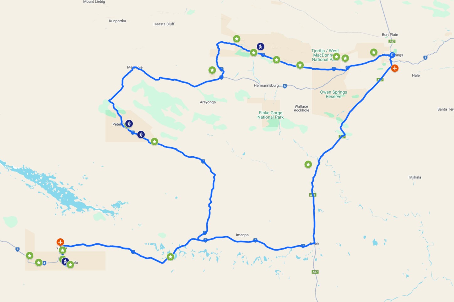 A detailed map showing the full Red Centre Way loop, connecting Alice Springs, Tjoritja, Kings Canyon and Uluru, often followed on an alice springs to uluru road trip. Key landmarks and walking trails are marked along the route.