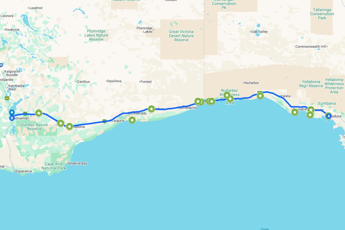 Screenshot of the nullarbor road trip map included in this article, showing the road from ceduna to norseman and spots to visit represented by green stars