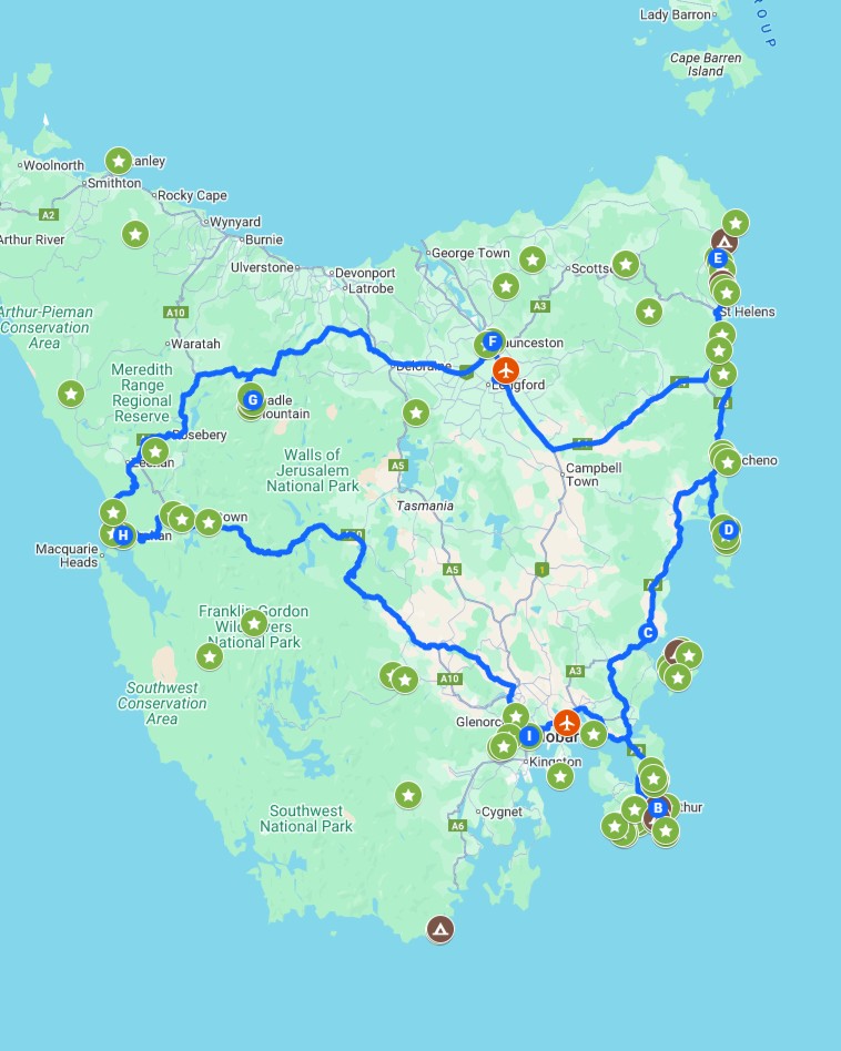 Map of Tasmania showing a circular Tasmania itinerary 10 days route, marked with points of interest and national parks from Hobart through the east and west coasts.
