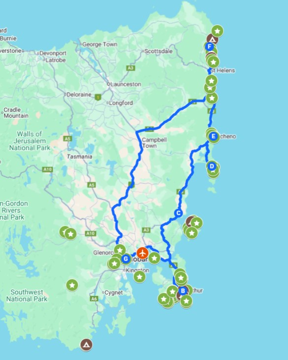 A travel map showing a loop route for a Tasmania East Coast Road Trip with highlighted stops along the Great Eastern Drive including Hobart, Bicheno and St Helens.