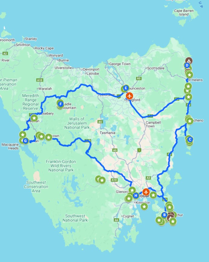 Illustrated map of Tasmania showing a circular self-drive route with marked stops for a 7 day Tasmania road trip itinerary.