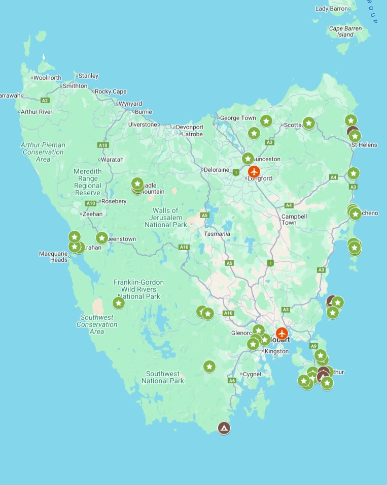 Illustrated map of Tasmania marked with natural attractions, parks, and key towns, useful for planning popular things to do in Tasmania across the islandโs regions.
