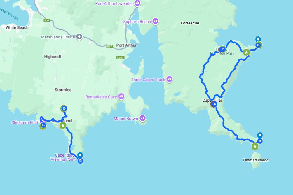 Map showing a looped hiking route through Tasman National Park, including Cape Raoul, Cape Pillar, and Shipstern Bluff, key points on the Three Capes Track for free.