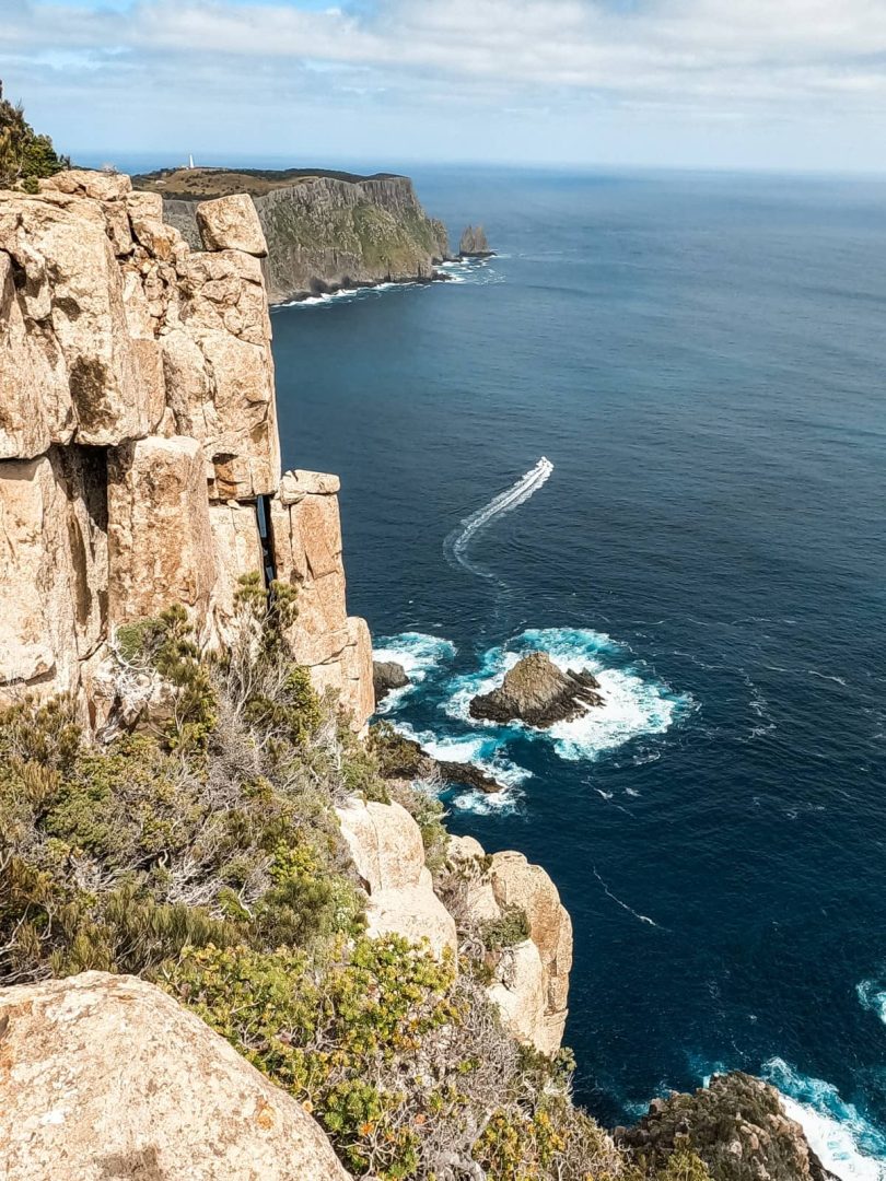 Sheer sea cliffs drop into turquoise water with a boat leaving a white trail, captured along the Three Capes Track for free near Cape Pillar.