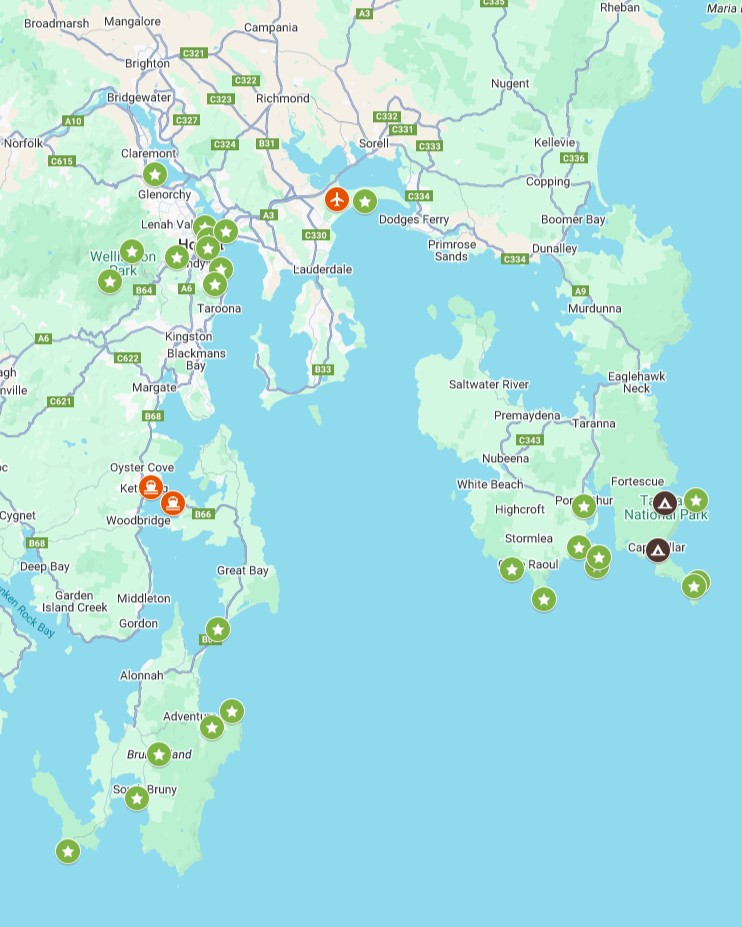 Illustrated map of Hobart and surroundings, marked with natural attractions, parks, and key towns, useful for planning popular things to do in Hobart