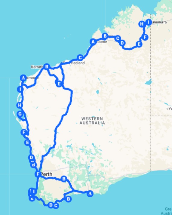 Map of Western Australia showing a full road trip route looping from Perth up the west coast to Exmouth and across the north to Kununurra before returning inland. Blue lines trace the driving route with lettered stops marking different destinations along the journey.