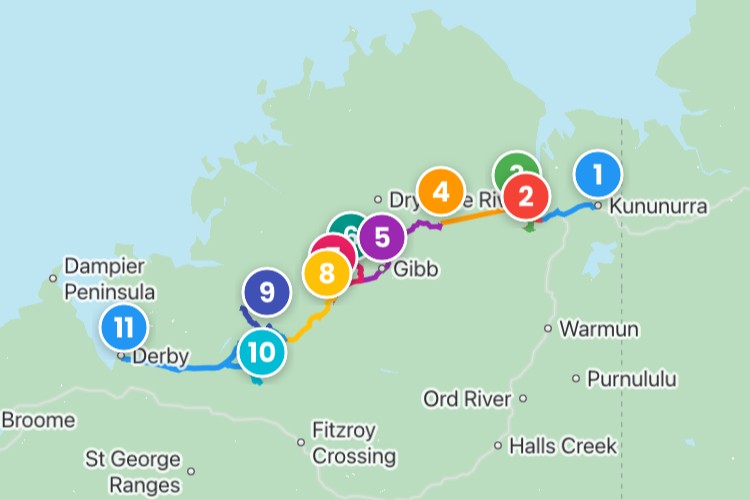 Map of a road trip of the Gibb River Road, from Kunuurra, showing numbered stops along the way to highlight the locations in the road trip.