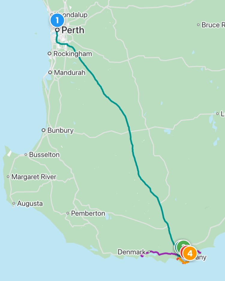 Map showing a road trip from Perth to Albany and Denmark with a single route heading southeast. A cluster of colored markers appears around Albany indicating multiple stops in that area.