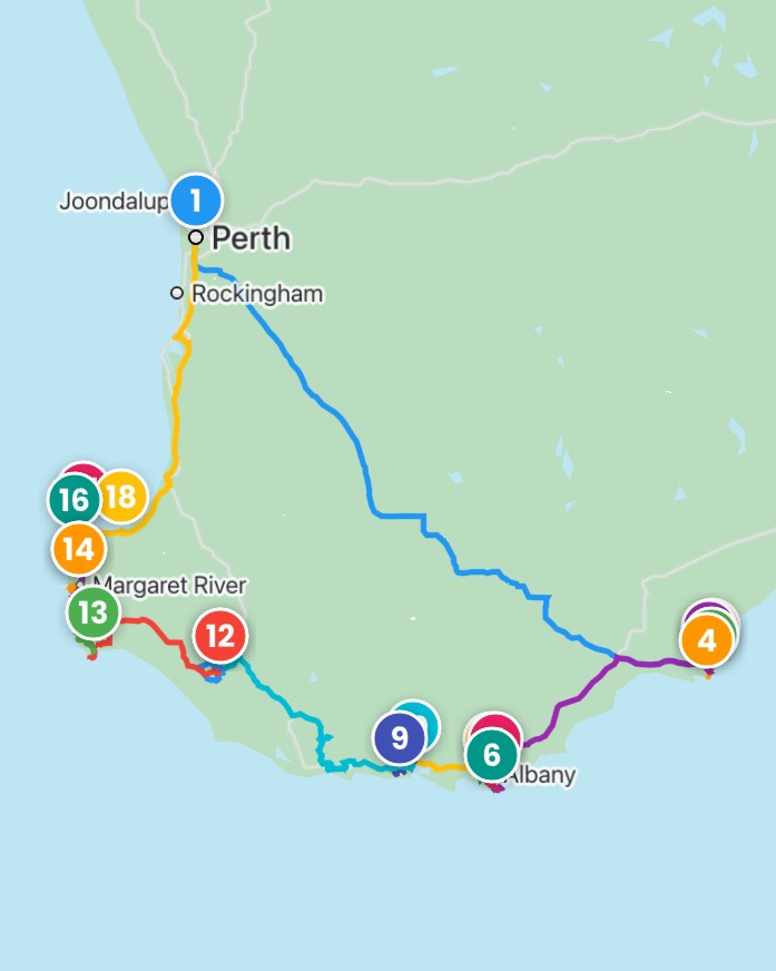 Map of southwestern Western Australia showing a road trip from Perth to Bremer Bay and back to Perth via Margaret River and Albany. Colored lines and numbered markers highlight different stops.
