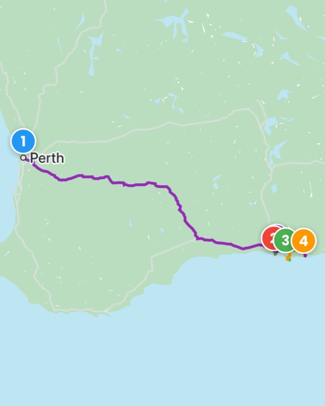 Map of southwestern Western Australia showing a driving route from Perth to Esperance. A purple line marks the journey from Perth to a cluster of numbered stops in Esperance, indicating multiple destinations grouped together.
