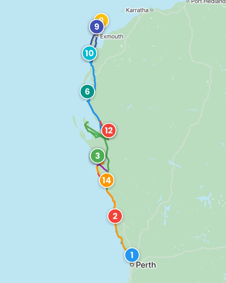 Map of a road trip from Perth to Exmouth showing a coastal road trip route with numbered stops along the way. Markers highlight locations between Perth and Exmouth following the shoreline north.