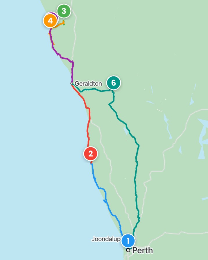 Map of a road trip from Perth to Kalbarri with a coastal path and an inland return loop. Numbered markers indicate stops along the coastline.