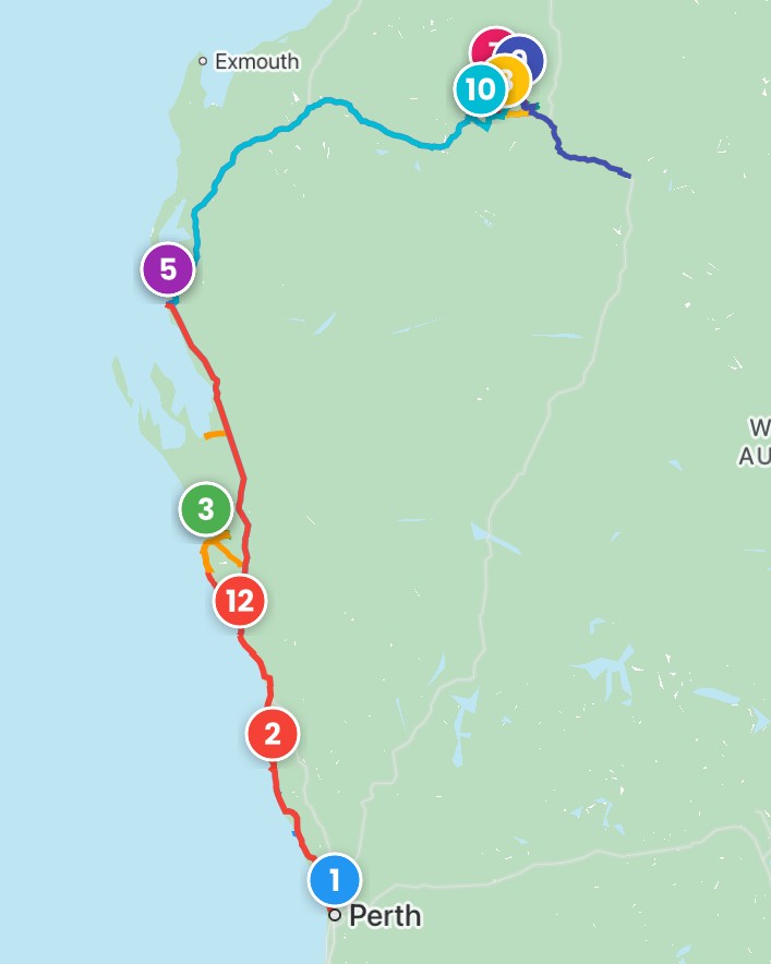 Map of a road trip from Perth to Karijini showing a coastal road trip route with numbered stops along the way, then a detour inland towards Karijni. Markers highlight locations in the road trip.