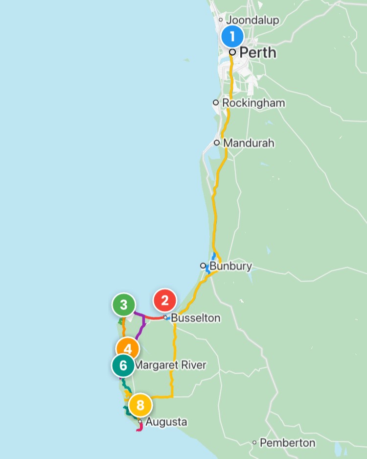 Map of a margaret river road trip from Perth, showing the route passing through Busselton, Yallingup, Margaret River, and Augusta. Numbered markers highlight the stops of the road trip