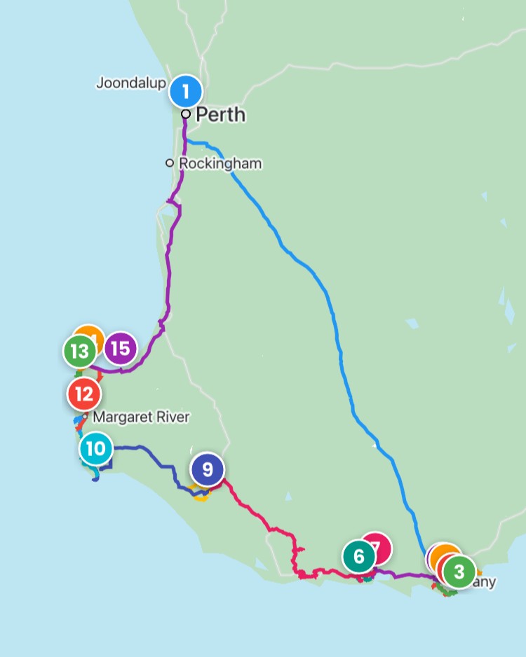 Map of southwestern Western Australia showing a loop route from Perth to Albany and back along the coast. Colored lines and numbered markers indicate multiple stops near Margaret River Albany and along the southern coastline.