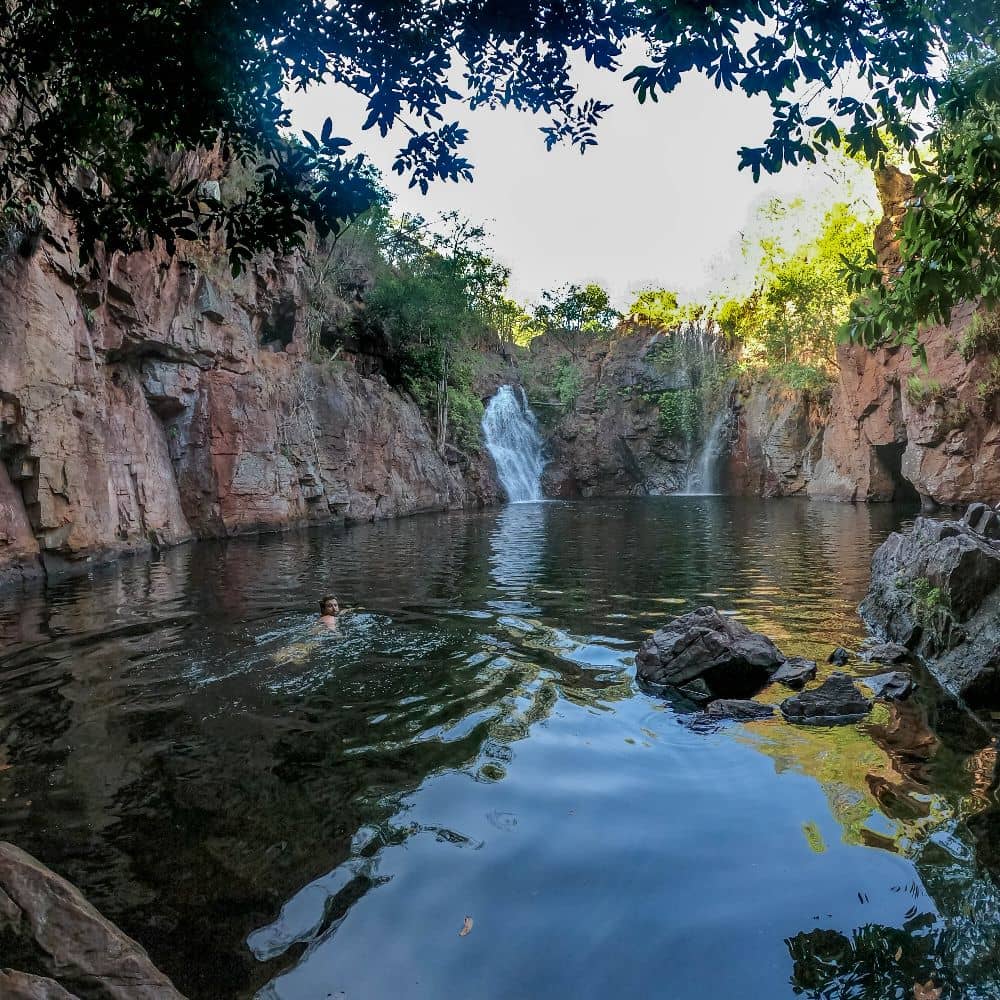 Man swimming in body of water with waterfall nearby. Something you can do in Litchfield National Park. 