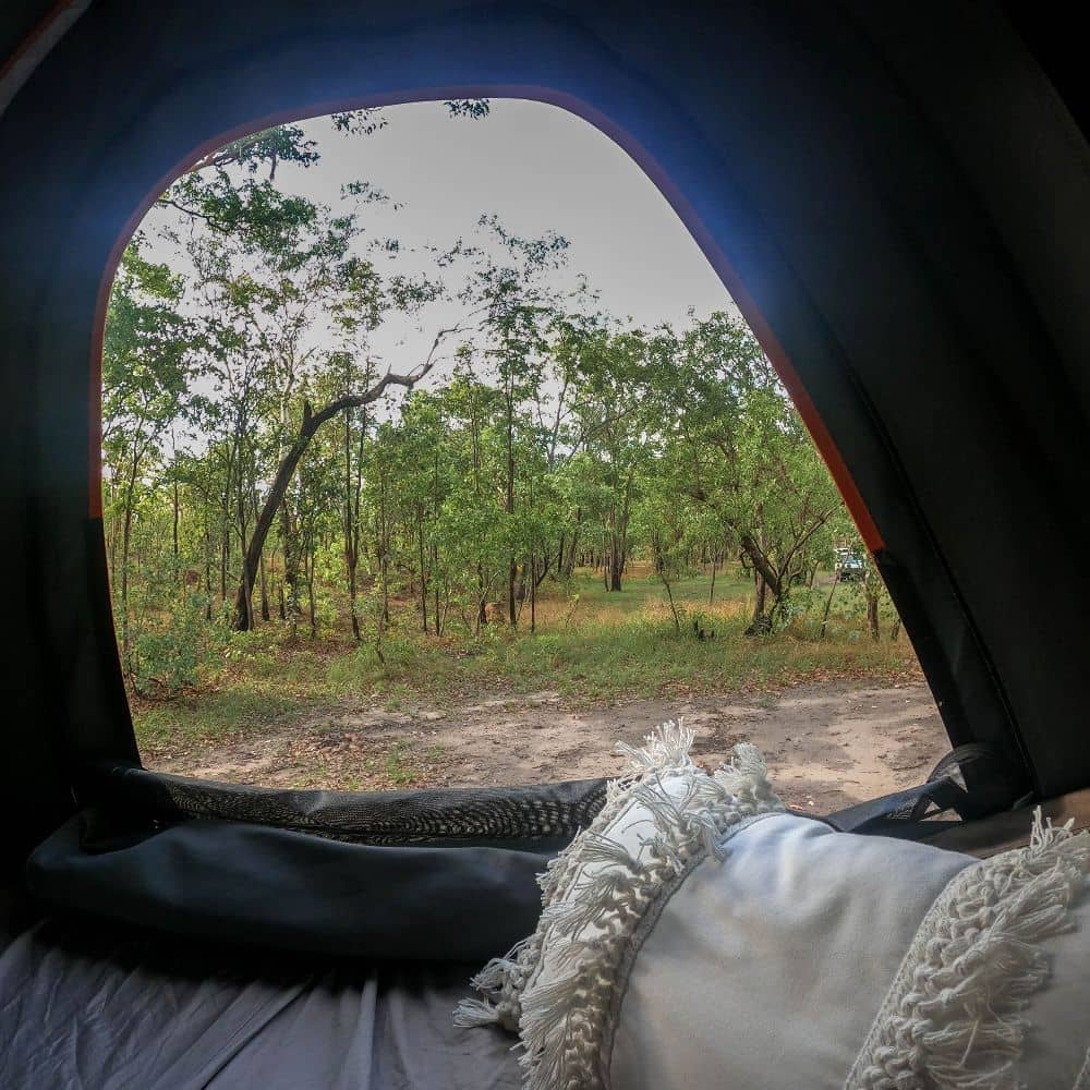 The view out of a car-top tent that is used while camping at Litchfield National Park. One of the key tips thats part of the ultimate guide to Litchfield National Parks walks.
