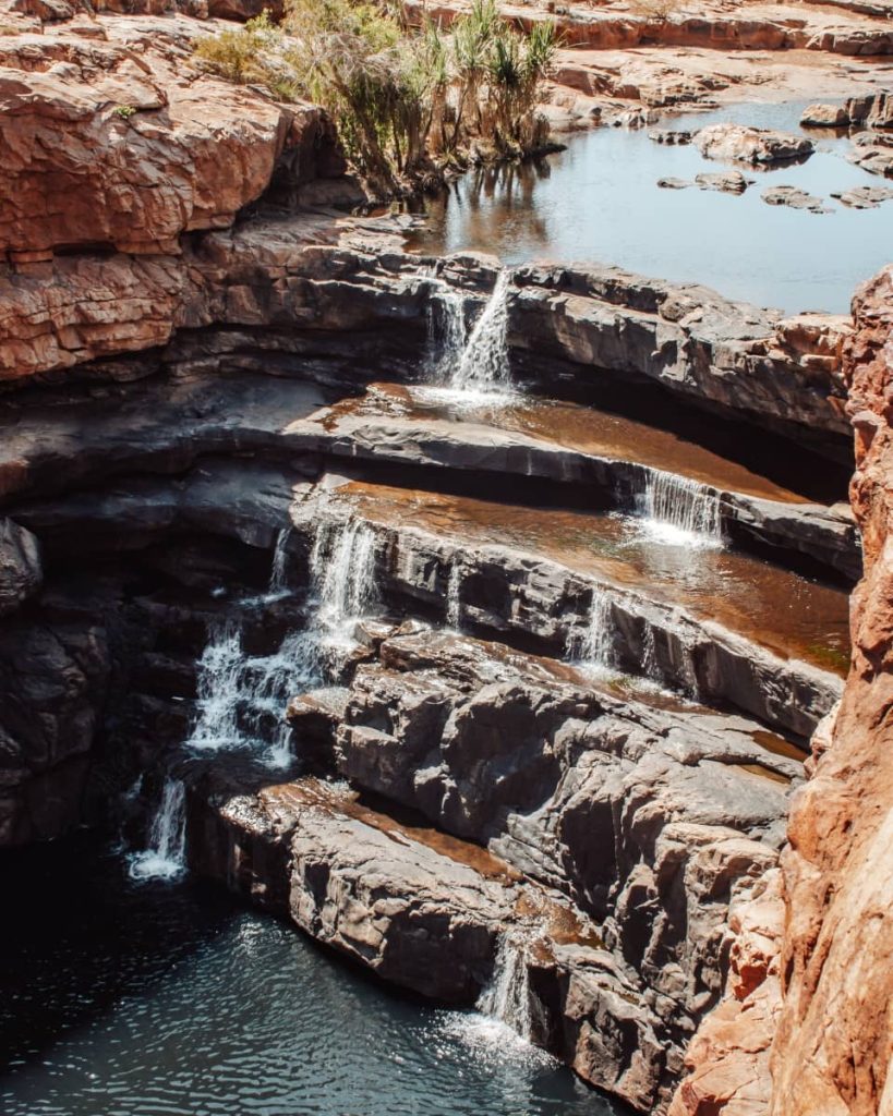 Multi-tiered waterfalls cascade over red rock ledges into a dark plunge pool at Bell Gorge, framed by pandanus palms and rugged cliffs—an essential stop on any gibb river road itinerary.