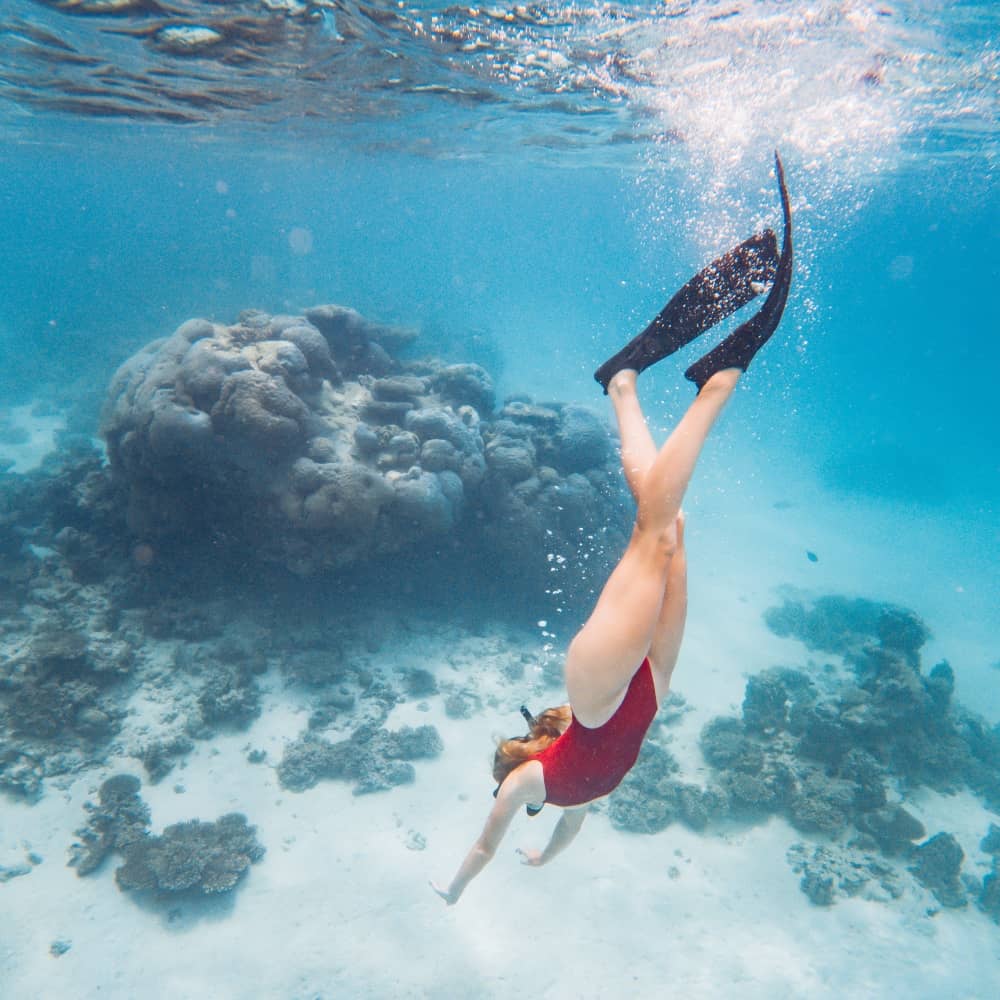 image in ningaloo reef, woman in red bathers diving down to a coral bommie snorkelling off osprey bay you need a kayak to get here but the snorkelling is world class