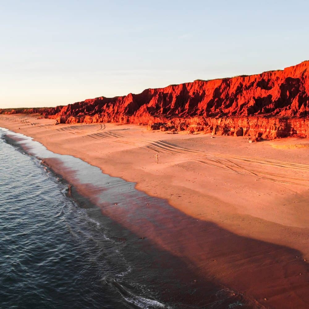 Red pindan cliffs stretch along the sandy shoreline at James Price Point, Broome, Western Australia. Warm sunset light illuminates the cliffs beside the ocean and tyre tracks run along the beach.