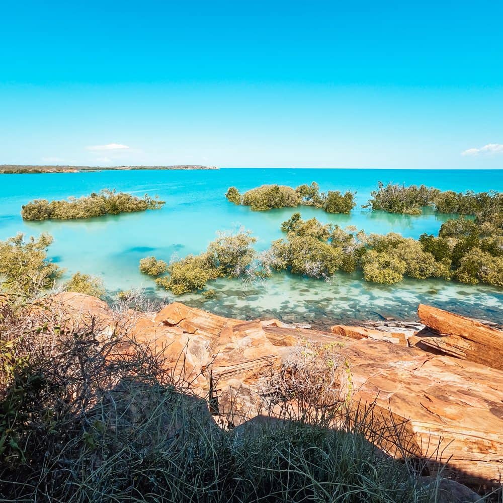 Turquoise water surrounds clusters of mangroves below the red rocky shoreline at Cygnet Bay Pearl Farm, Dampier Peninsula, Western Australia. The bright blue bay shows the distinctive coastal landscape around the pearl farm.