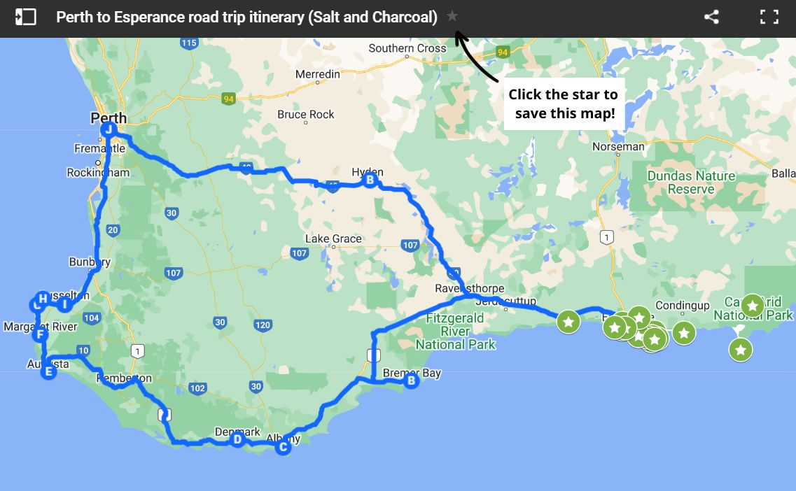 Screenshot of a Google Map, showing all the stops for the perfect road trip from Perth to Esperance 