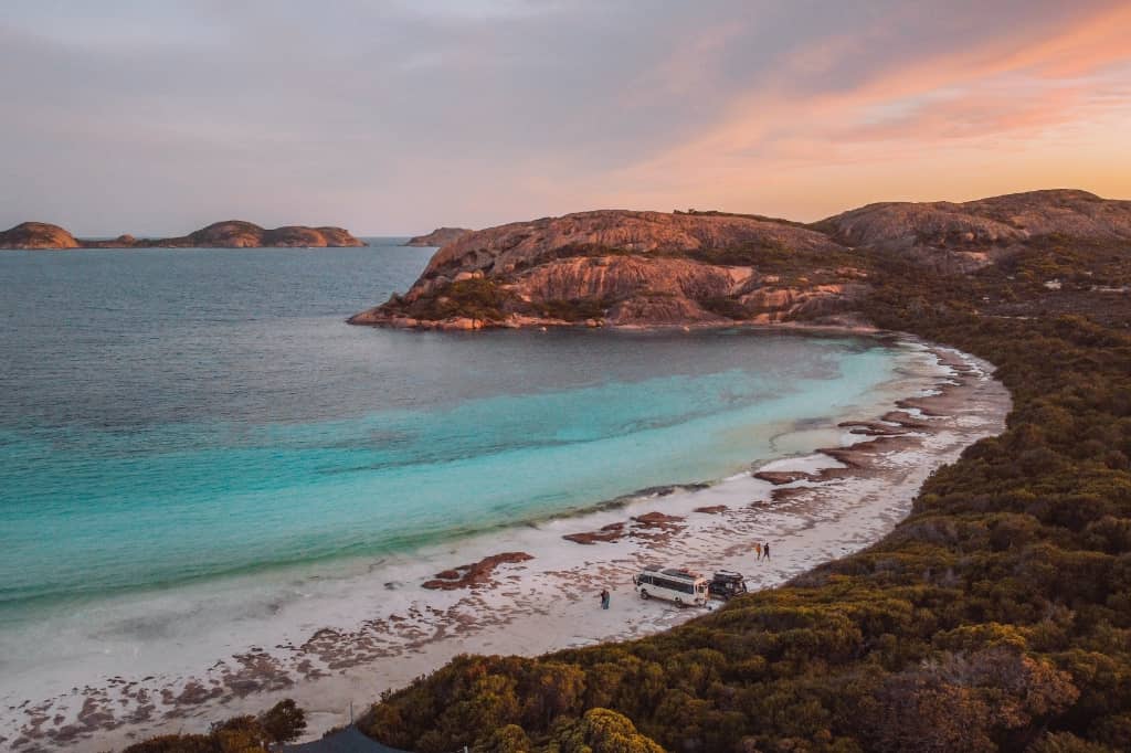 Sunset at Lucky Bay in Esperance, Western Australia. Turquoise waters crashing on the beach