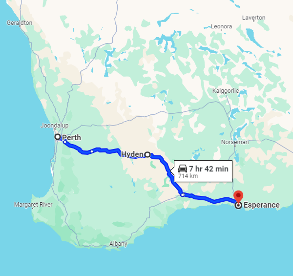 Screenshot of a Google Map showing the route from Perth to Esperance in Western Australia, highlighted in blue, with a travel duration of approximately 7 hours and 42 minutes covering a distance of 714 kilometers.