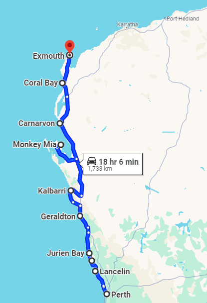 Screenshot of a Google Map route outlining the Coral Coast road trip from Perth to Exmouth in Western Australia, showing key stops like Jurien Bay, Geraldton, Kalbarri, Monkey Mia, Carnarvon, and Coral Bay. The route is traced in blue with a travel time of 18 hours and 6 minutes over a distance of 1,733 kilometres.