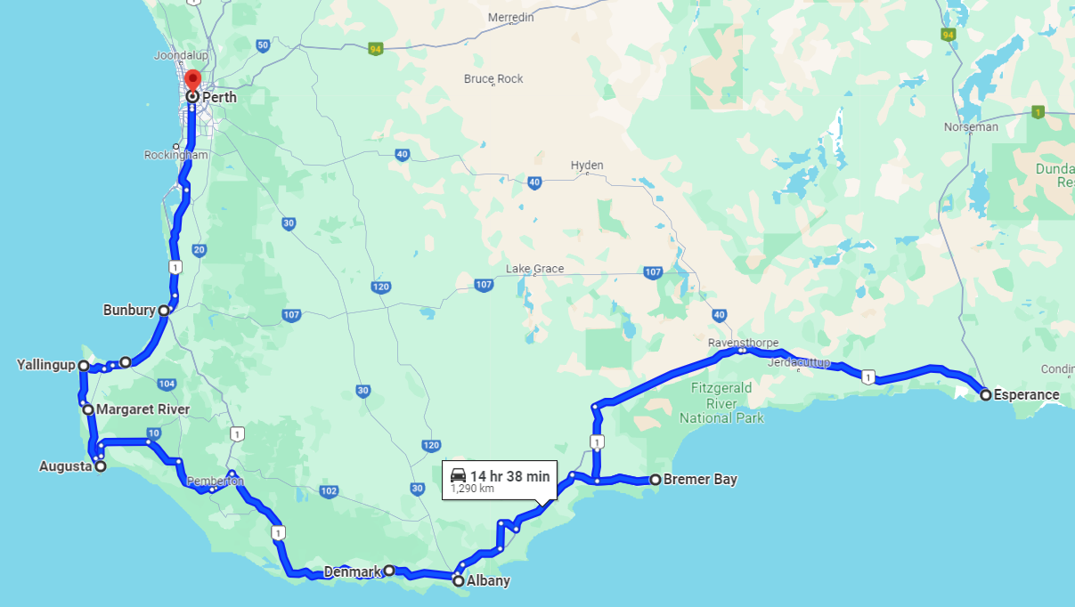 Screenshot of a Google Map route from Esperance to Perth via the Southwest and Margaret River Region in Western Australia, passing through coastal towns such as Bunbury, Margaret River, and Albany. The journey is marked in blue, with a total duration of 14 hours and 38 minutes, spanning approximately 1,290 kilometres.