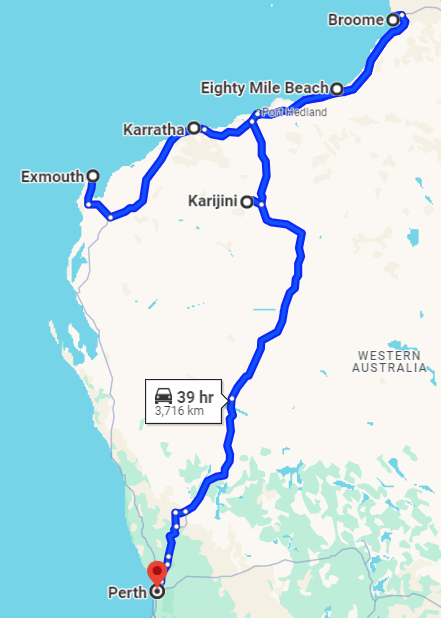 Comprehensive screenshot of a Google Map displaying an extensive road trip route from Exmouth to Broome and then back to Perth via Karijini. The blue path illustrates the travel trajectory over a vast distance of 3,716 kilometres, estimated to take 39 hours.