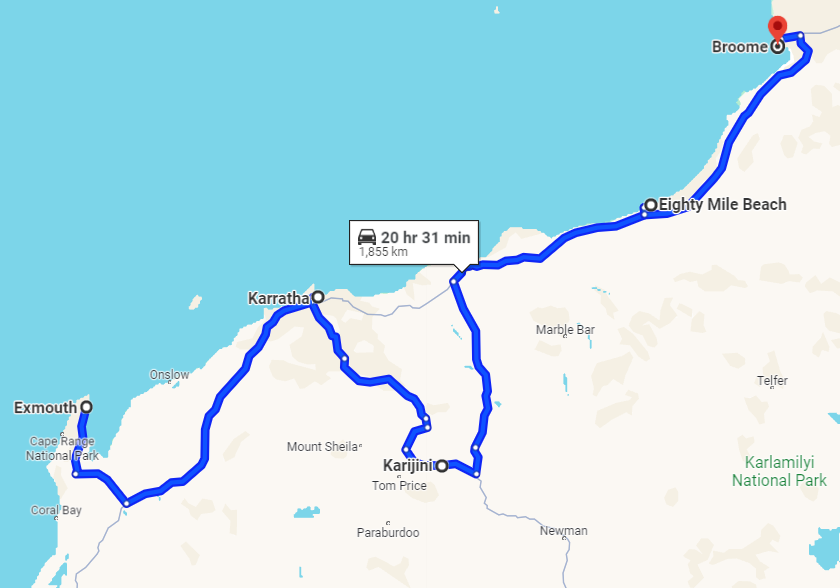 A detailed map highlighting the road trip through the Northwest of Western Australia, from Exmouth to Broome, passing through notable locations such as the Karijini National Park and Eighty Mile Beach. The blue line indicates the travel route, covering a distance of 1,855 kilometres with an estimated duration of 20 hours and 31 minutes.