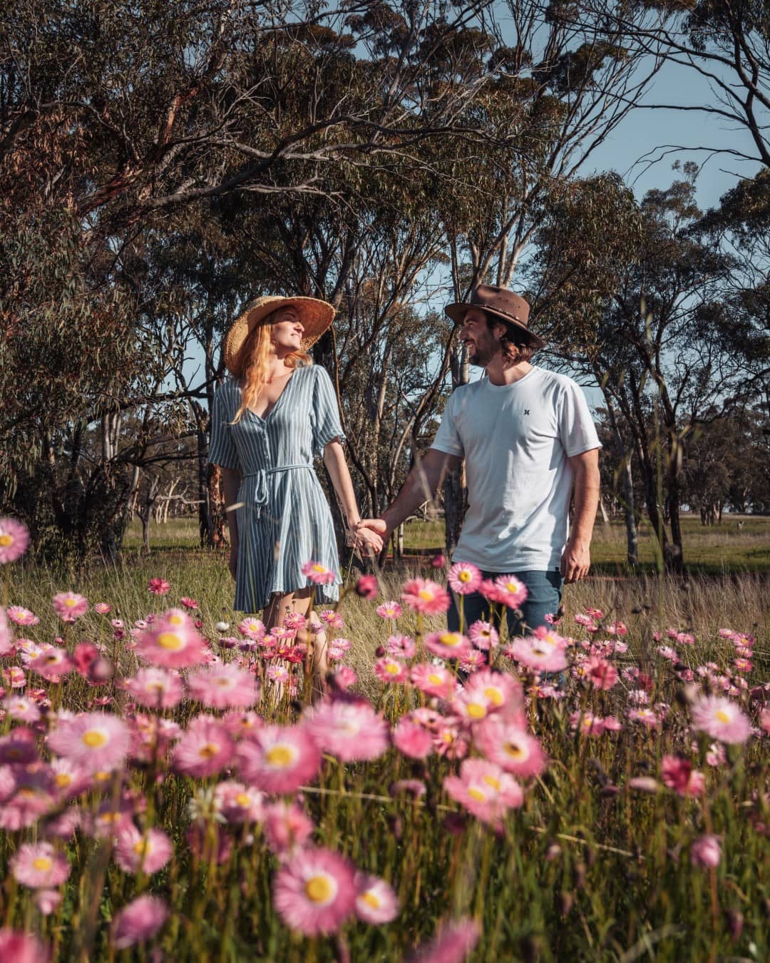 Chris and Beck of Salt and Charcoal hold hands and wander through a field of vibrant pink flowers near Perth, Western Australia.
