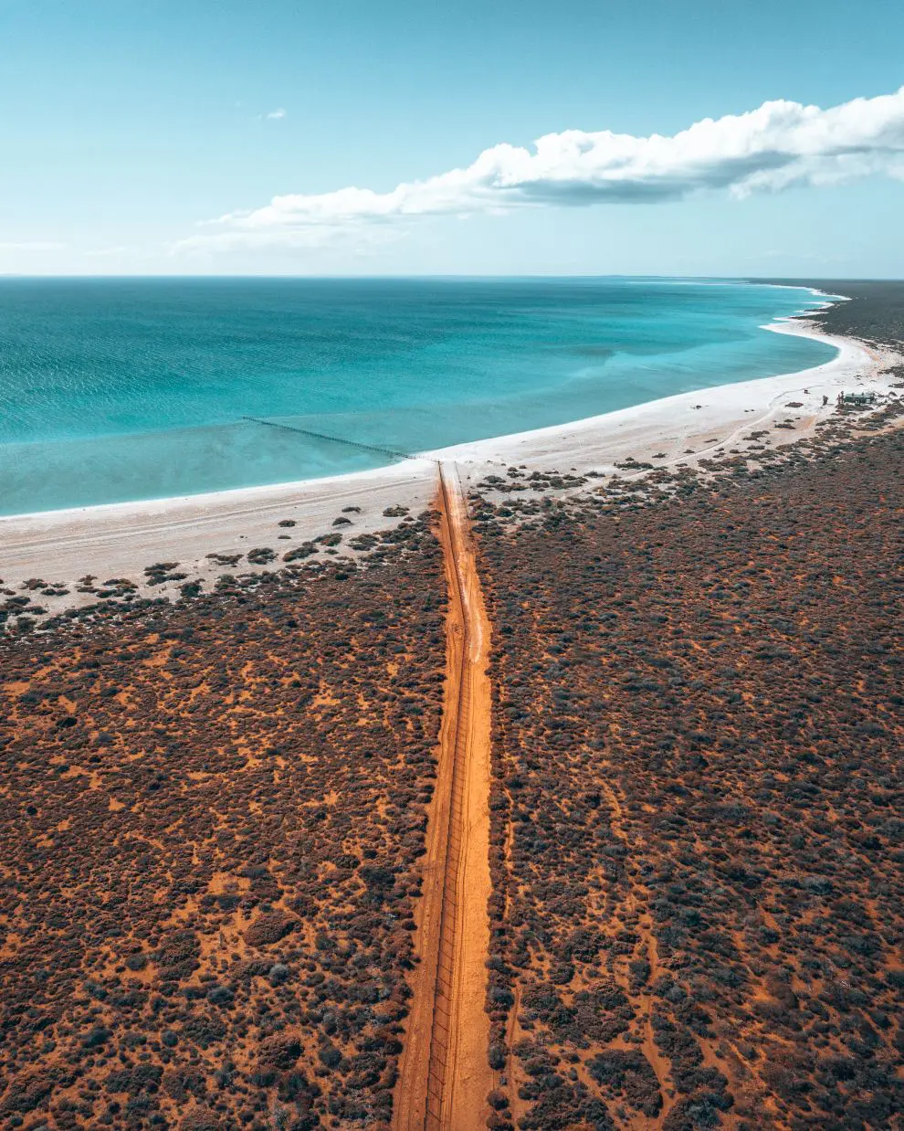Aerial view of a red dirt track running through scrub toward a long white beach and turquoise water in Shark Bay. The dramatic contrast between the red landscape and blue coast shows the scenery found along this road trip.