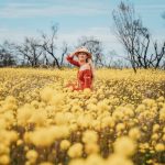 A woman in a red dress and hat sits in a field of yellow wildflowers and a few bare trees under a blue sky in Kalbarri, Western Australia.