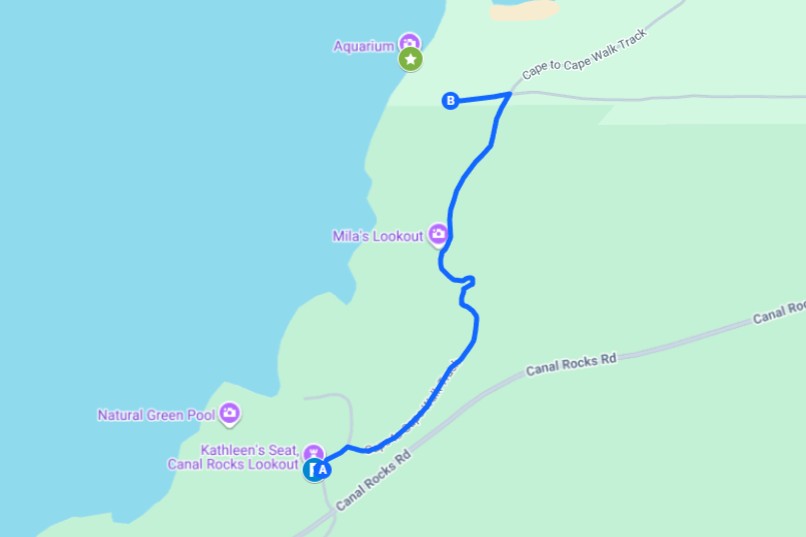 Screenshot of a map with coloured pins and a route showing where The Aquarium is in Yallingup, WA and how to get there