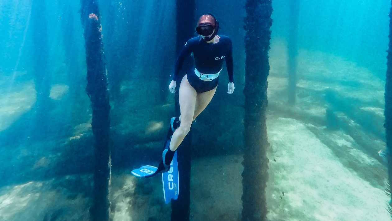 A diver snorkelling in Busselton Jetty near barnacle-covered pylons beneath Busselton Jetty, with clear blue water illuminating the scene.