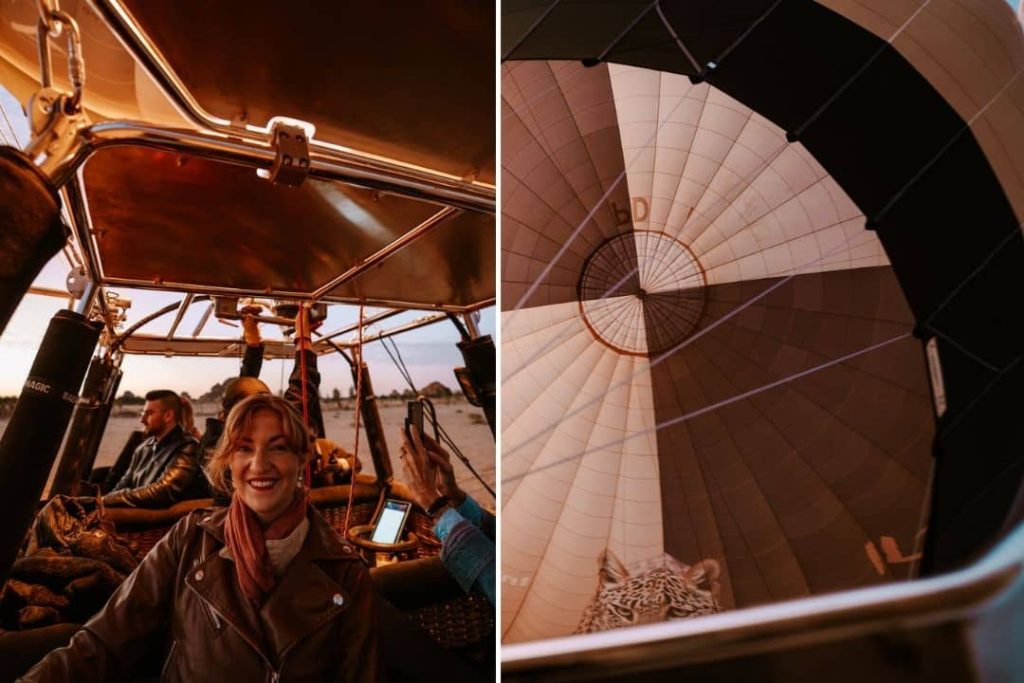 A collage featuring two images: on the left, a smiling woman seated inside a hot air balloon basket with other passengers during sunrise in AlUla, Saudi Arabia; on the right, a view from inside the balloon showing its inflated canopy with a leopard design near the bottom edge.