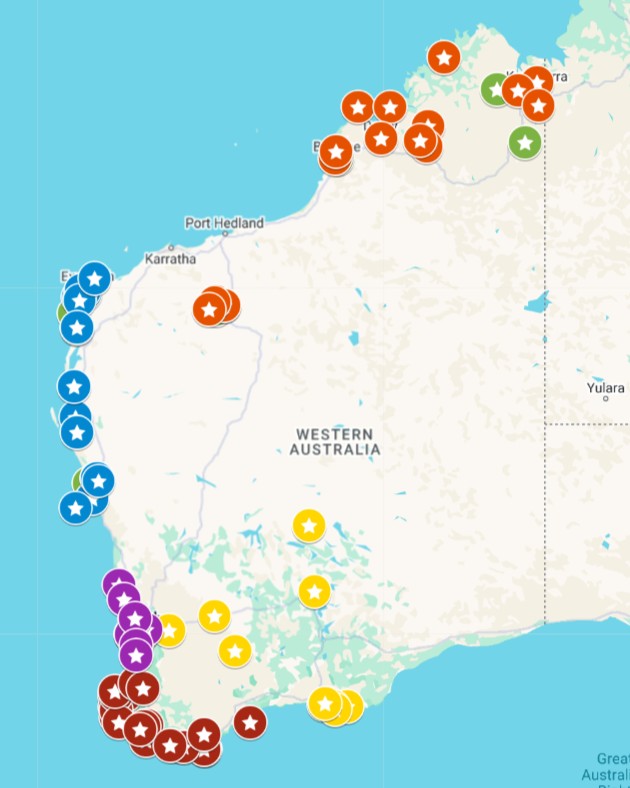 Screenshot of map showing the 100 things to do in western australia, colour-coded according to region