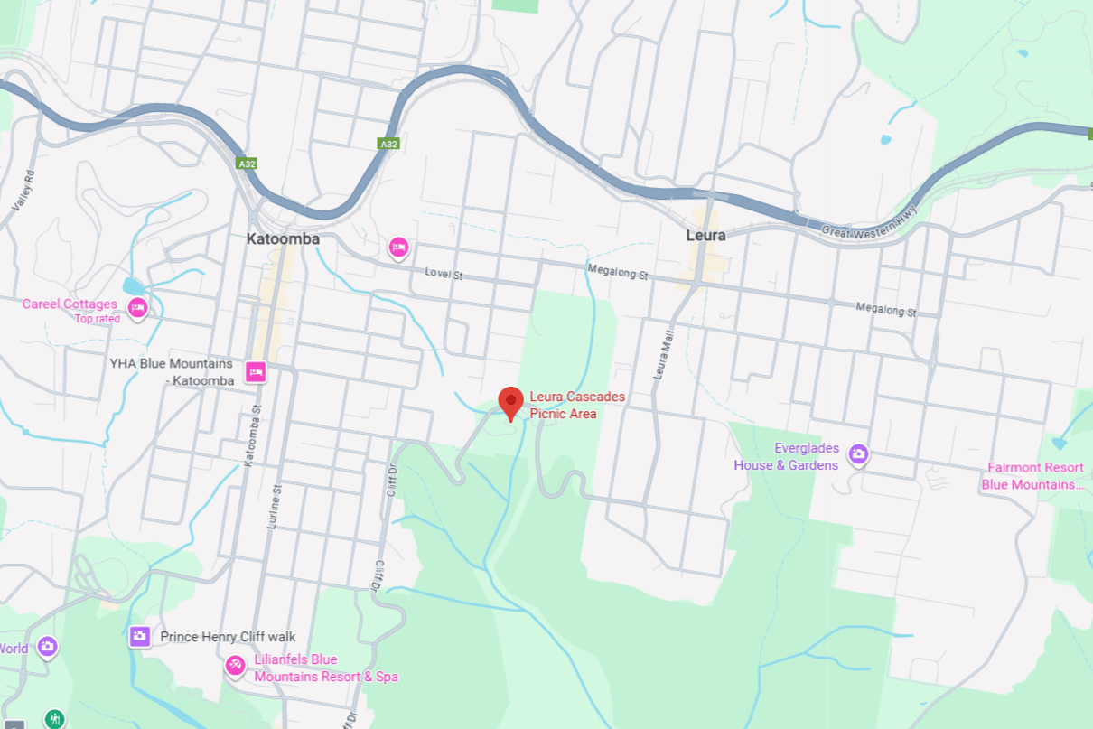 Map showing the location of Leura Cascades Picnic Area between Katoomba and Leura in the Blue Mountains, with nearby landmarks and walking tracks visible.