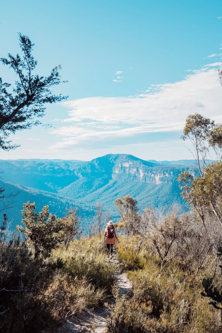 Solo hiker in a wide-brim hat stands on a trail facing an open view of the Blue Mountains ranges with deep valleys and ridges under a bright sky.