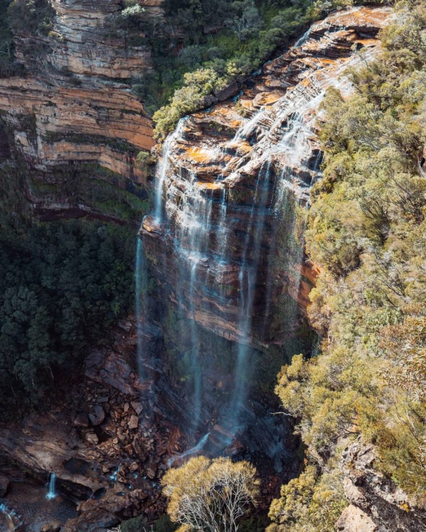 Water spills from a high sandstone ledge down into a deep forested gorge at Wentworth Falls in the Blue Mountains, surrounded by native bush.