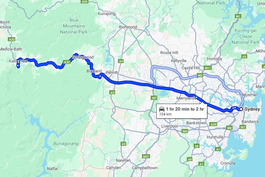 Map showing driving route from Sydney to Three Sisters in the Blue Mountains, with estimated travel time of 1 hour 20 minutes to 2 hours.